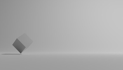 3d-rendering of a single grey cube on a grey background with a lots of space beside the cube