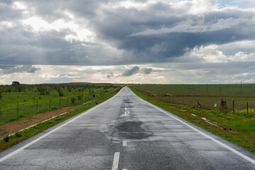 Road without vehicles, grey cloudy day, rainy afternoon