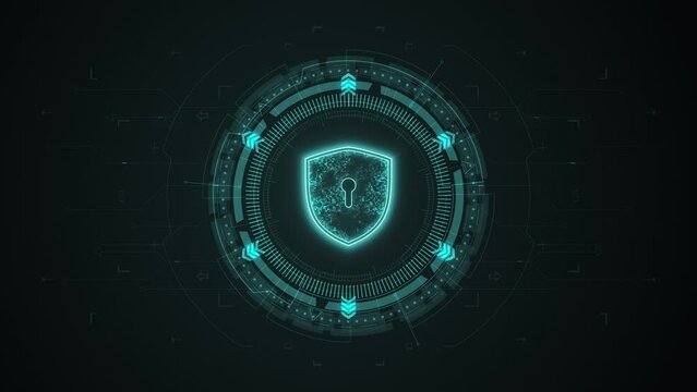 Motion graphic of Blue digital security shield logo with rotation HUD UI circle technology interface and futuristic elements abstract background network secure concepts