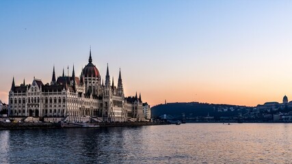 Ancient Hungarian Parliament Building on the sunset