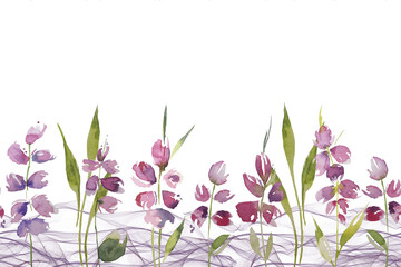 Seamless horizontal pattern of different kinds of field grasses, smoke. Watercolor botanical background, perfect for postcards, banners, textiles, wallpaper