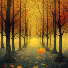 autumn cartoon illustration, long road with leaves
