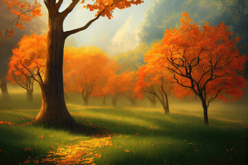 a simple autumn landscape scene with a big tree in front