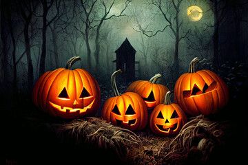 Halloween Pumpkins in epic scene. showcase proudact Background. 3D render