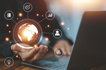 Global solution concept, hand touch on world Global solution business management corporate, Global solution design for business solution background