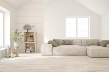White living room with sofa. Scandinavian interior design. 3D illustration