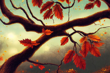 an autumn tree zoom view with leaves, cartoon art