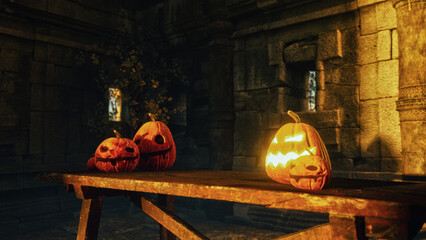 Halloween Pumpkins in epic scene. showcase proudact Background. 3D render