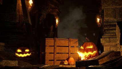 Halloween Pumpkins in epic scene. showcase proudact Background. 3D render