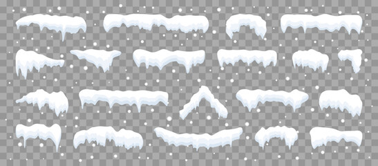 Snow caps set. White snow caps, snowball, snowdrifts, snow pile and icicles. Snowy elements on winter background. Winter elements decorations. Christmas elements. Vector illustration.