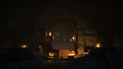 Halloween Pumpkins in epic scene. showcase proudact Background. 3D render