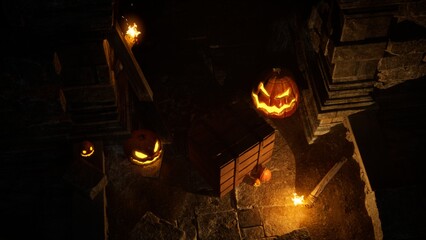 Halloween Pumpkins in epic scene. showcase proudact Background. 3D render