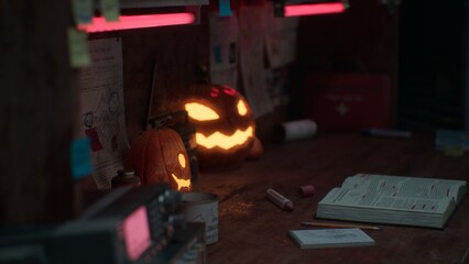 Fototapeta na wymiar Halloween Pumpkins in epic scene. showcase proudact Background. 3D render