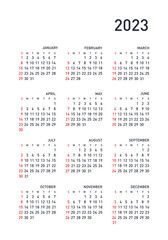 Vector calendar 2023 year. Week starts from Sunday