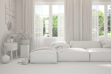 Minimalist living room in white color with sofa and summer landscape in window. Scandinavian interior design. 3D illustration
