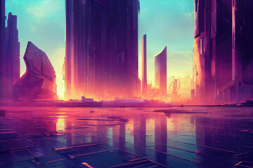 a sunrise scene of a future high-tech city illustration