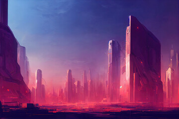 a big sci fi city illustration with red fog