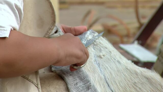 A Drum-maker Making Argentinian Drums Called "Bombo Leguero" Popular in Argentine Folklore and Originally from the Province of Santiago del Estero, Argentina. Close Up.