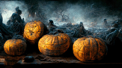 Halloween Pumpkins in epic scene. showcase proudact Background. 3D render