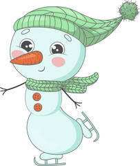 Cute cartoon snowman in a knitted hat and scarf is skating