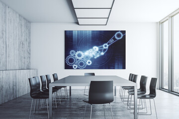 Creative abstract robotics technology hologram on tv display in a modern presentation room, artificial intelligence and machine learning concept. 3D Rendering
