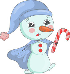 cute cartoon snowman in a blue hat and raincoat walks holding a striped lollipop