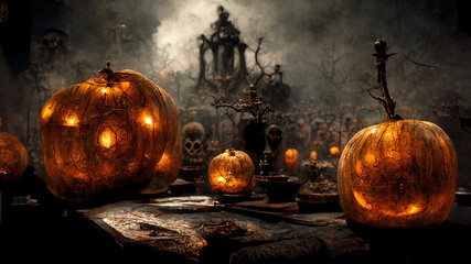 Halloween Pumpkins in epic scene. showcase proudact Background. 3D render