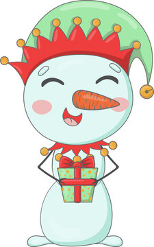 Cute cartoon snowman dressed as an elf holding a Christmas present in his hands