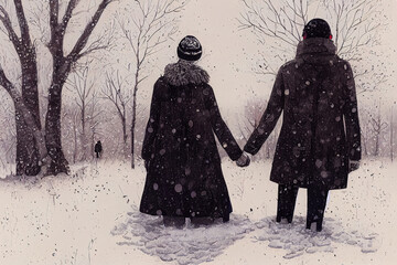 a lovely couple holding hands and walking in very high snow, winter scene