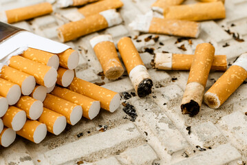 Cigarette. A lot of cigarette butts and matches are lying on the road. Trash