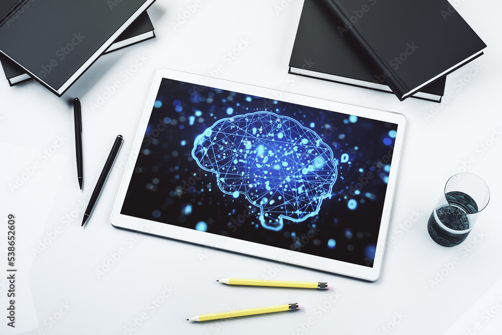 Aufkleber creative artificial intelligence concept with human brain hologram on modern digital tablet screen. 