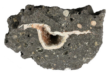 vug in porphyry from Fischbach, Germany isolated on white background