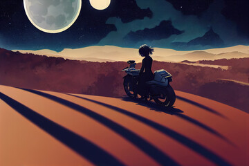 manga girl on a motorcycle standing in a sci fi desert, anime art