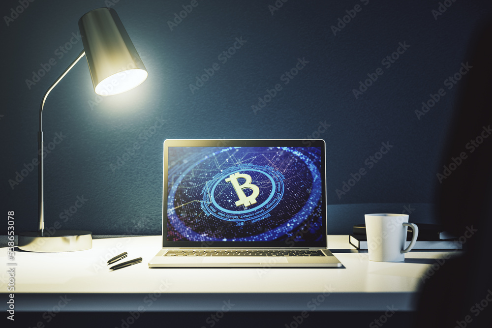 Poster Creative Bitcoin concept on modern laptop screen. 3D Rendering
