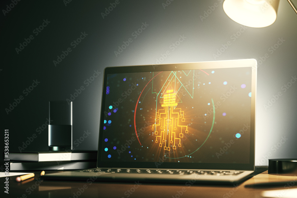 Aufkleber Modern computer monitor with creative light bulb hologram and chip on laptop background, idea and brainstorming concept. 3D Rendering