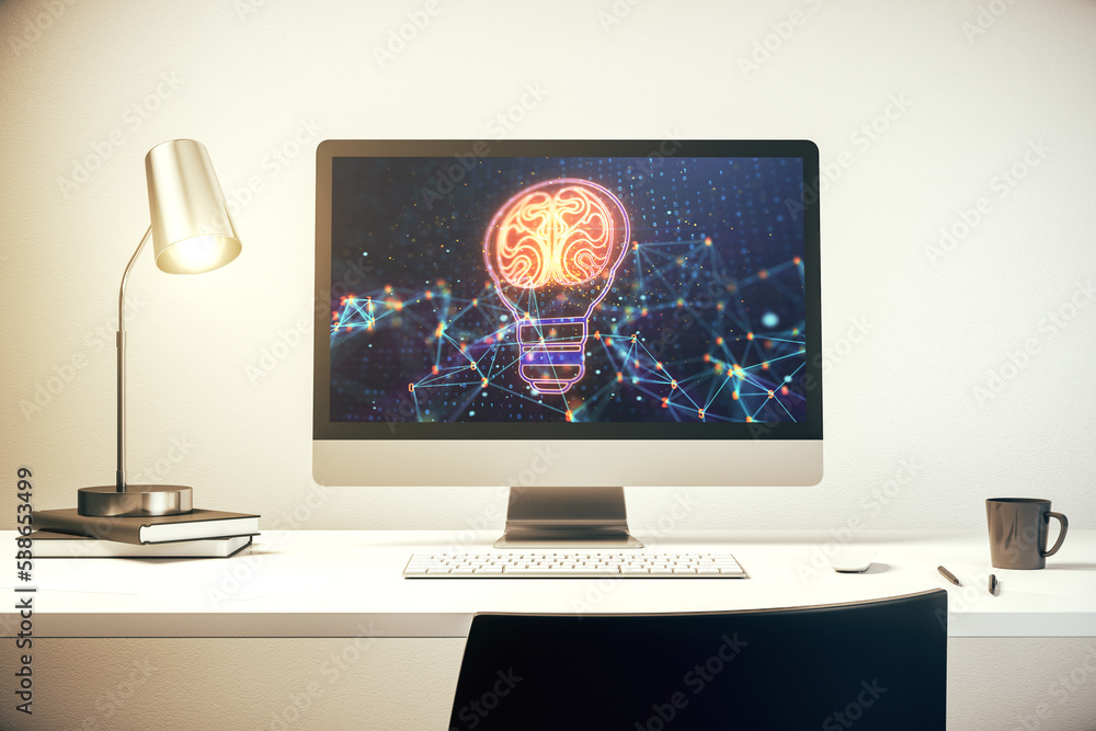 Aufkleber modern computer monitor with creative light bulb hologram with human brain, idea and brainstorming c