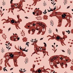 Seamless pattern with forest animals and flowers. Vector graphics.