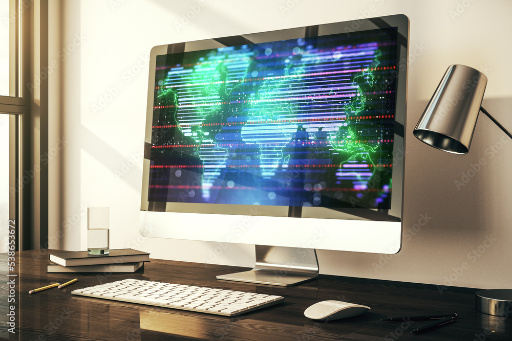 Poster modern computer monitor with abstract digital world map, research and strategy concept. 3d rendering