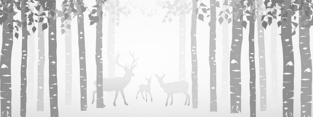 Birch forest with deer doe, fawn. Silhouette of trees and animal. Horizontal banner, magical misty landscape. Gray illustration. 