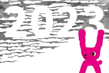 2023年の年賀状：浮世絵風の雲と墨調の空とかわいいピンクのウサギ 2
