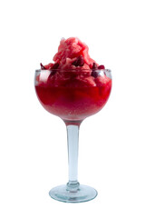 Snow ice cocktail with strawberry flavor and slightly melted in high glass isolated