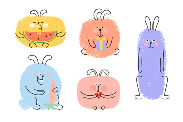 Set of cute cartoon hairs, rabbits. Hand drawn textured funny characters with gift, heart, watermelon, carrot.