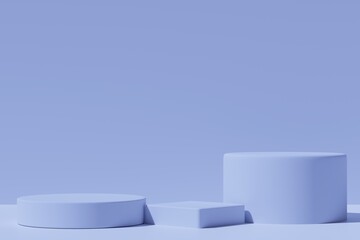 Three round and square podiums on a blue background, 3d render
