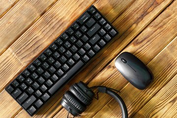 Obraz na płótnie Canvas Small compact black computer keyboard next to a computer mouse and headphones on a table made of wooden pine boards. Wireless peripherals for gadgets and computers. Copy space.