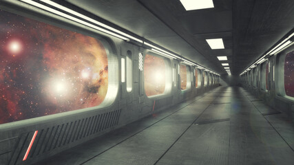3d render. Futuristic spaceship corridor interior