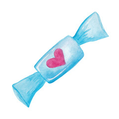 Watercolor blue candy in a wrapper. Illustration for design and print. Element isolated on white background. Sweetness, valentine's day, love.