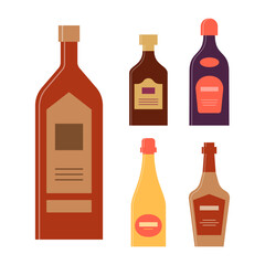 Bottle of brandy rum liquor champagne whiskey. Icon bottle with cap and label. Graphic design for any purposes. Flat style. Color form. Party drink concept. Simple image shape