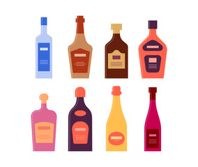 Set bottles of vodka whiskey rum cream liquor balsam champagne wine. Icon bottle with cap and label. Graphic design for any purposes. Flat style. Color form. Party drink concept. Simple image shape