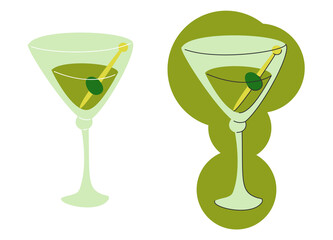 Martini glass with olive on white background. Cartoon sketch graphic design. Flat style. Conditional colored hand drawn image. Party drink concept for restaurant, cafe. Freehand. Two kinds