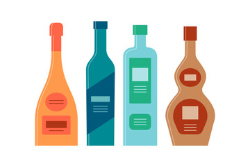 Bottle of champagne, vodka, schnapps, tequila in row. Icon bottle with cap and label. Great design for any purposes. Flat style. Color form. Party drink concept. Simple image shape
